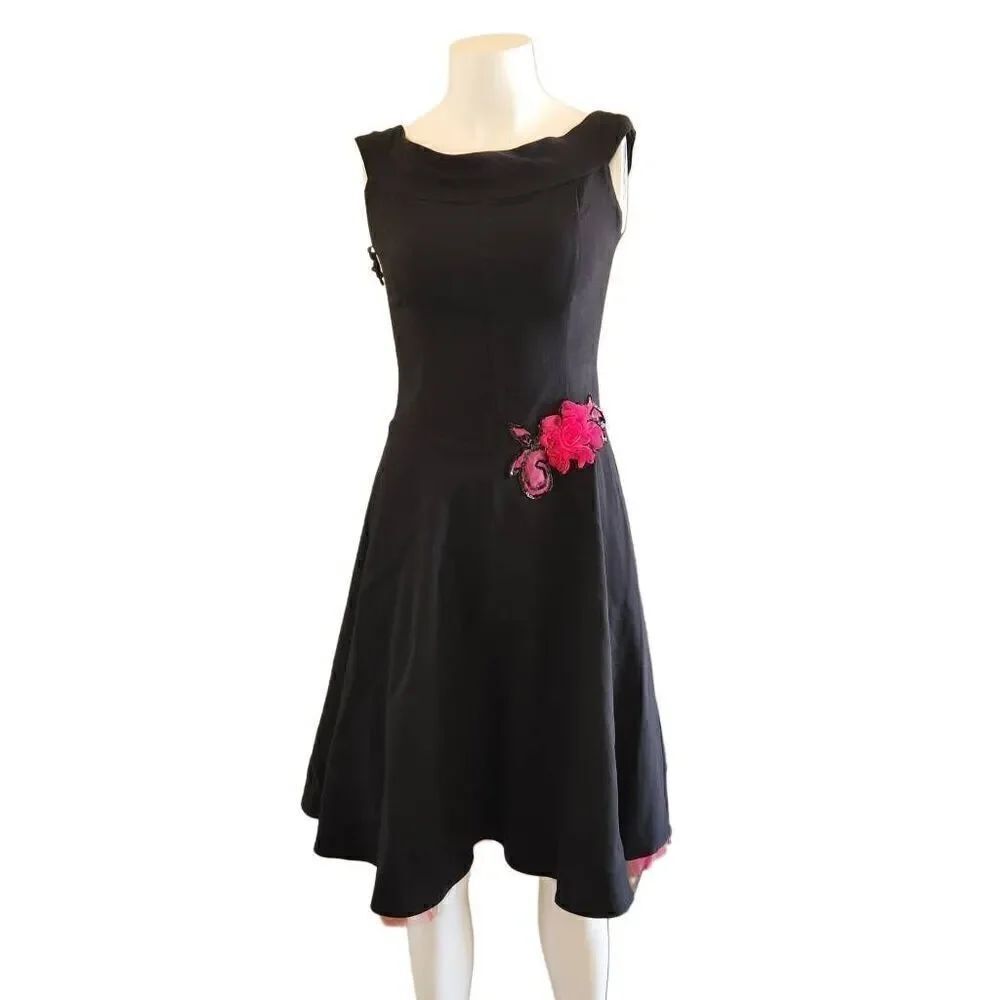 Ruby women's size 7 retro black dress fit & flare pink floral 3D